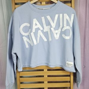 Calvin Klein Cropped Fleece Sweatshirt Large Light Blue White